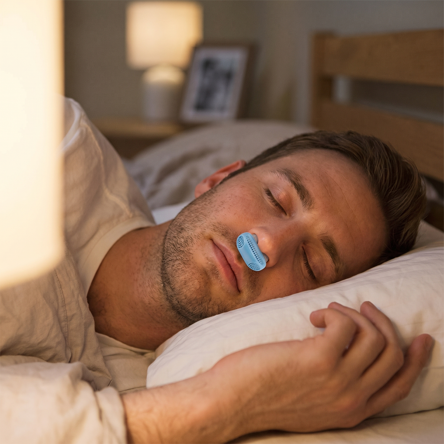 Anti-Snore Nose Clip — bedroom at night — real-scene lifestyle v4