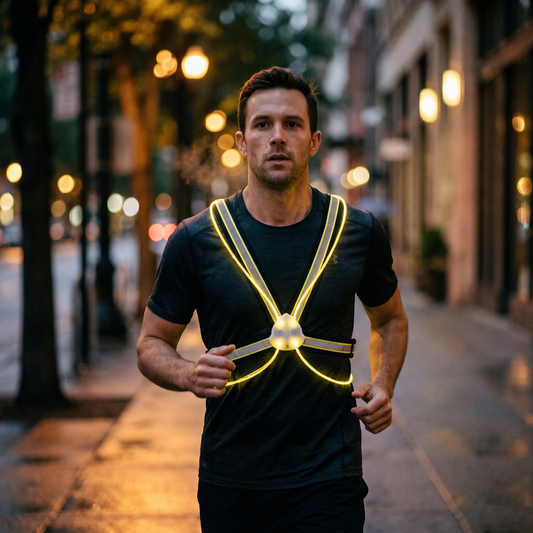 Reflective LED Safety Vest — city path at dusk — real-scene lifestyle v4