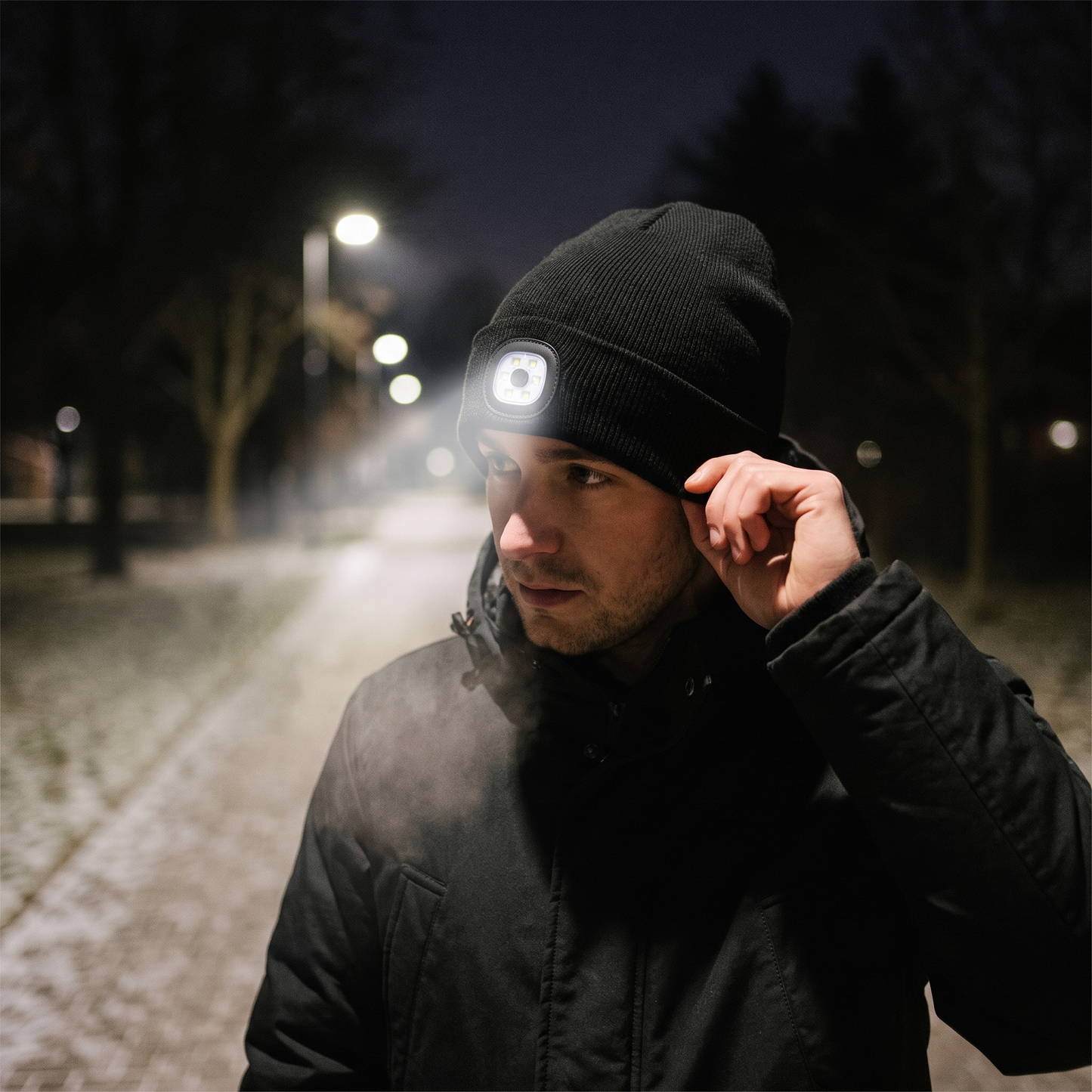 Bluetooth LED Beanie — snowy city street at night — real-scene lifestyle v4
