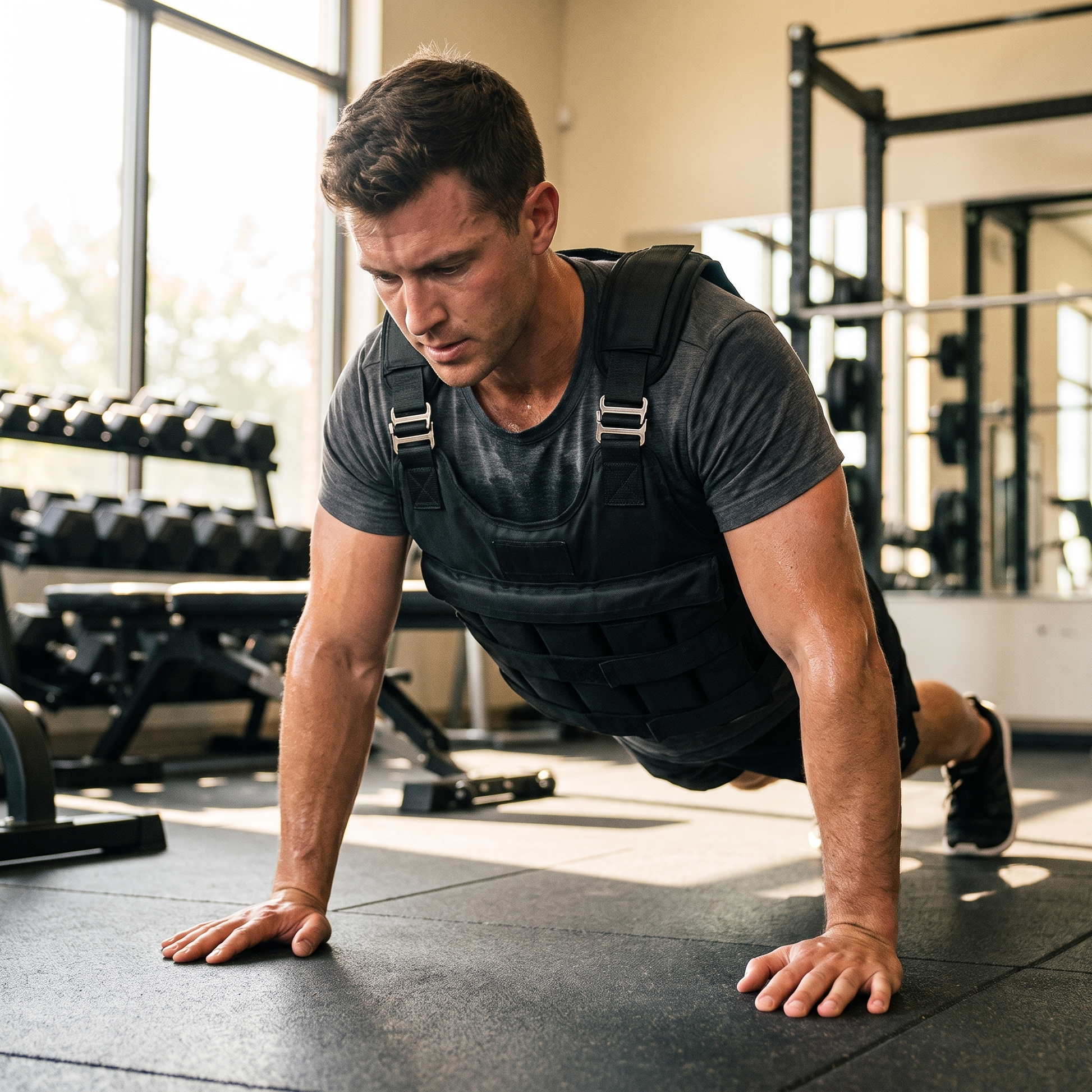Adjustable Weighted Vest — sunlit indoor gym — real-scene lifestyle v4