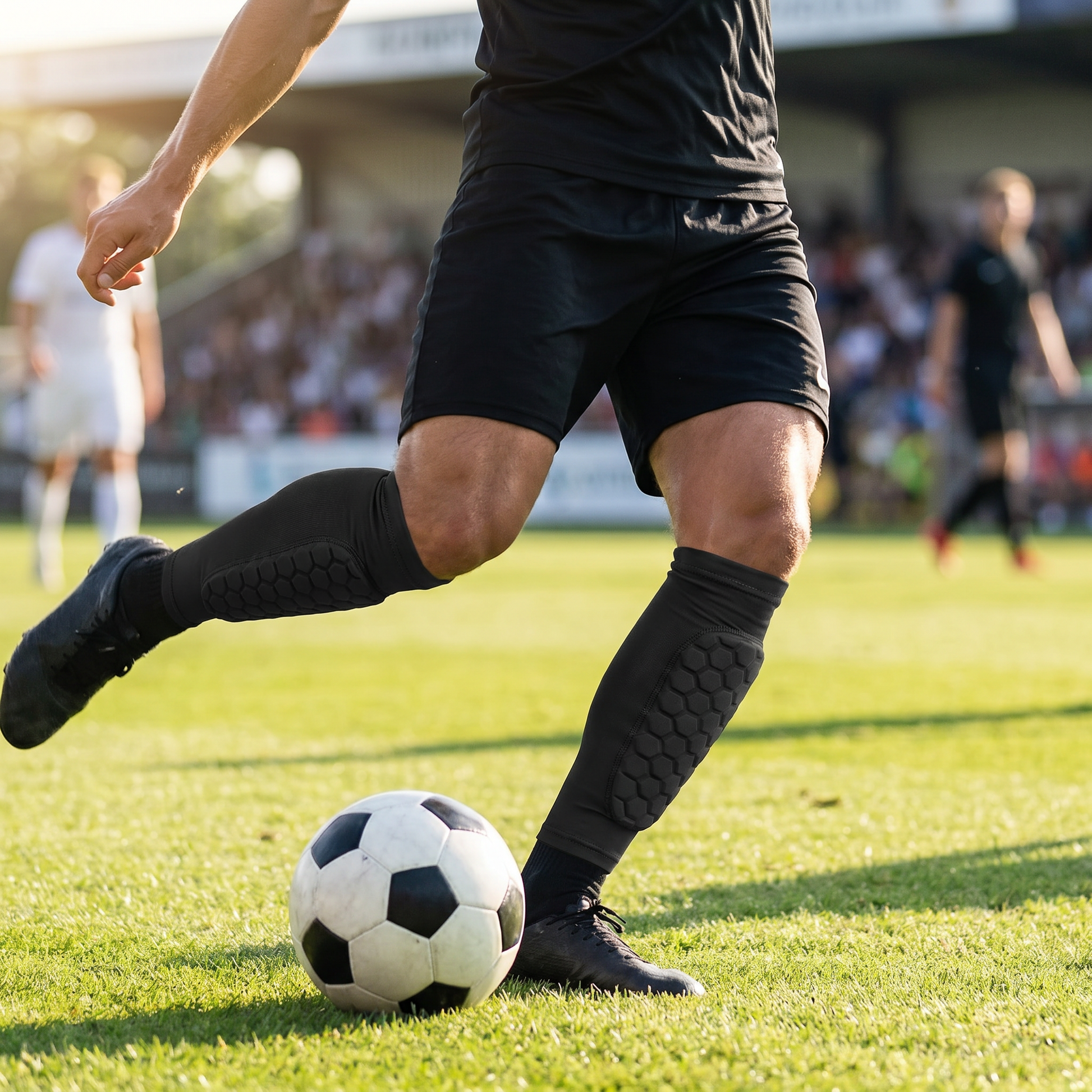 Honeycomb Soccer Shin Guards — sunlit soccer pitch — real-scene lifestyle v4