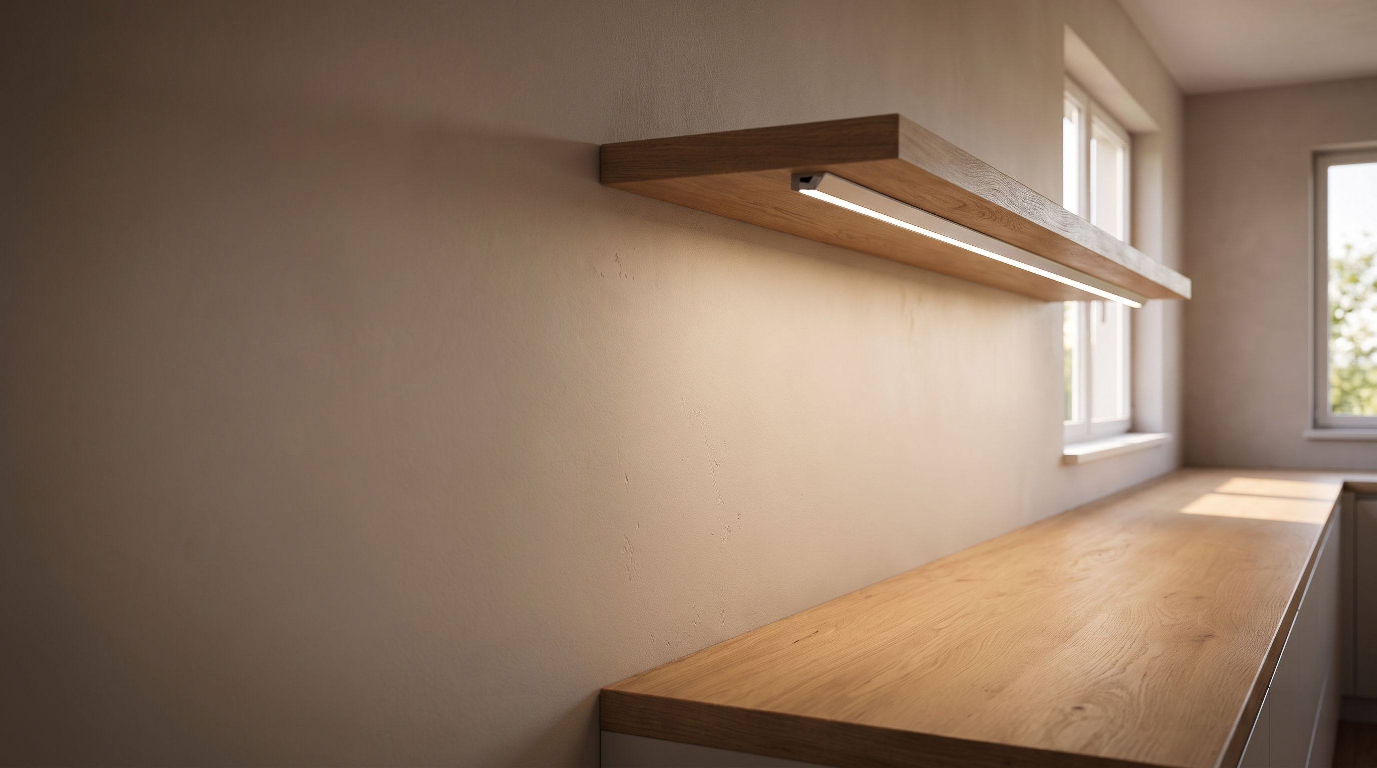 LED light bar mounted under a wooden kitchen shelf