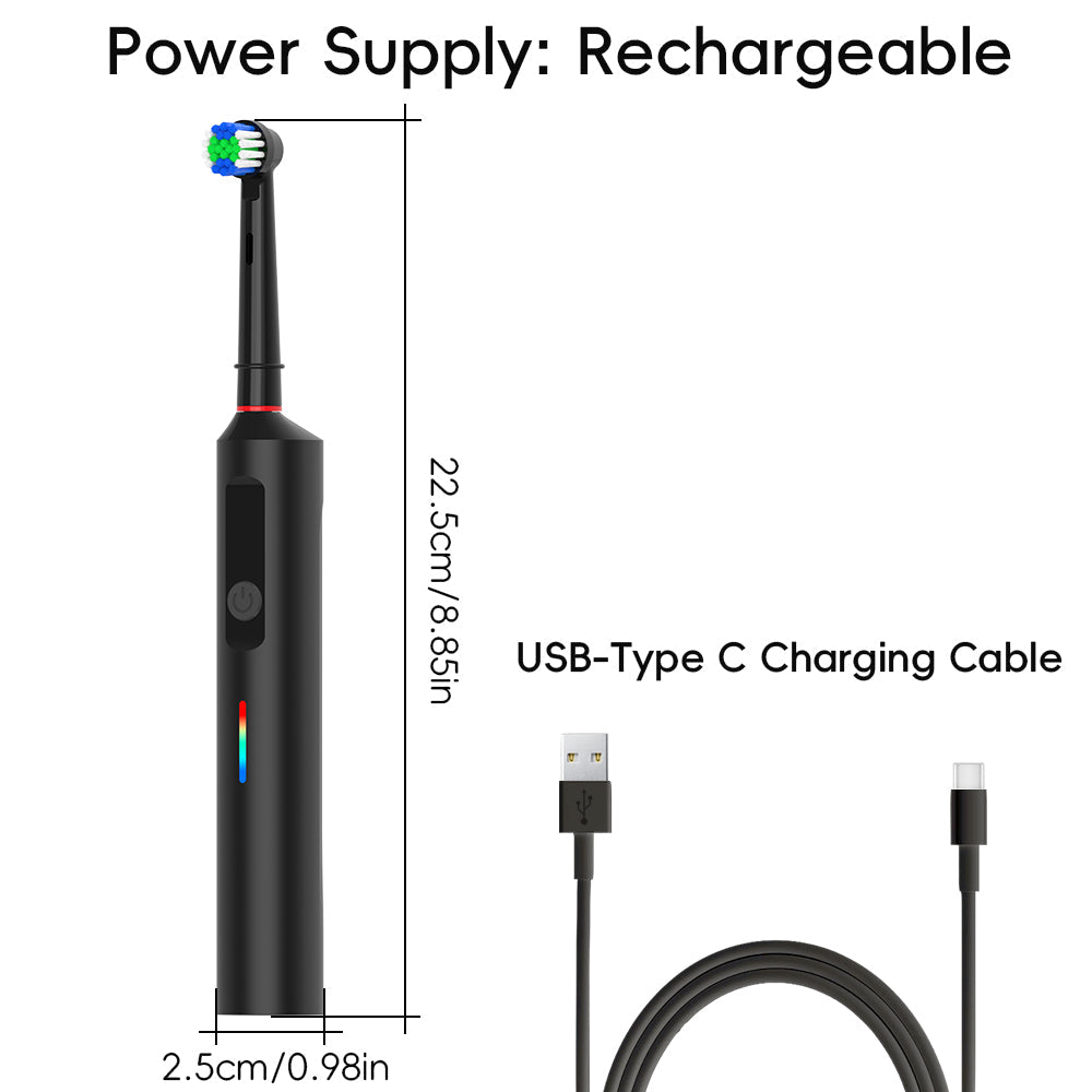 Rotating Electric Toothbrush, Rechargeable Round-Head Power Toothbrush with Pressure Sensor, 3 Modes and Smart Timer