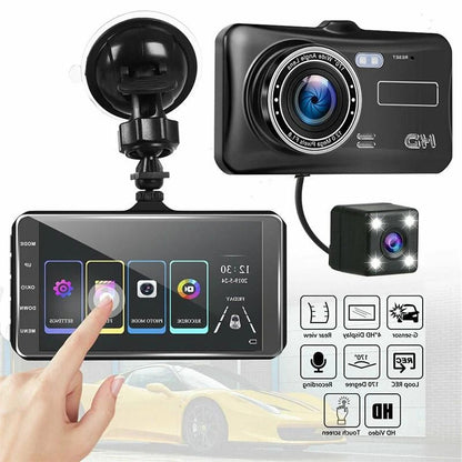 Front and Rear Dash Cam, Full HD 1080p Car Camera with 4-Inch Screen, 170-Degree Wide Angle, Loop Recording & G-Sensor