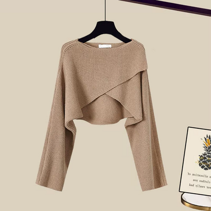 Knit Dress Set, 3-Piece Knitted Sweater Top and Wide-Leg Lounge Set for Women, Casual Cotton Blend, Brown or Gray