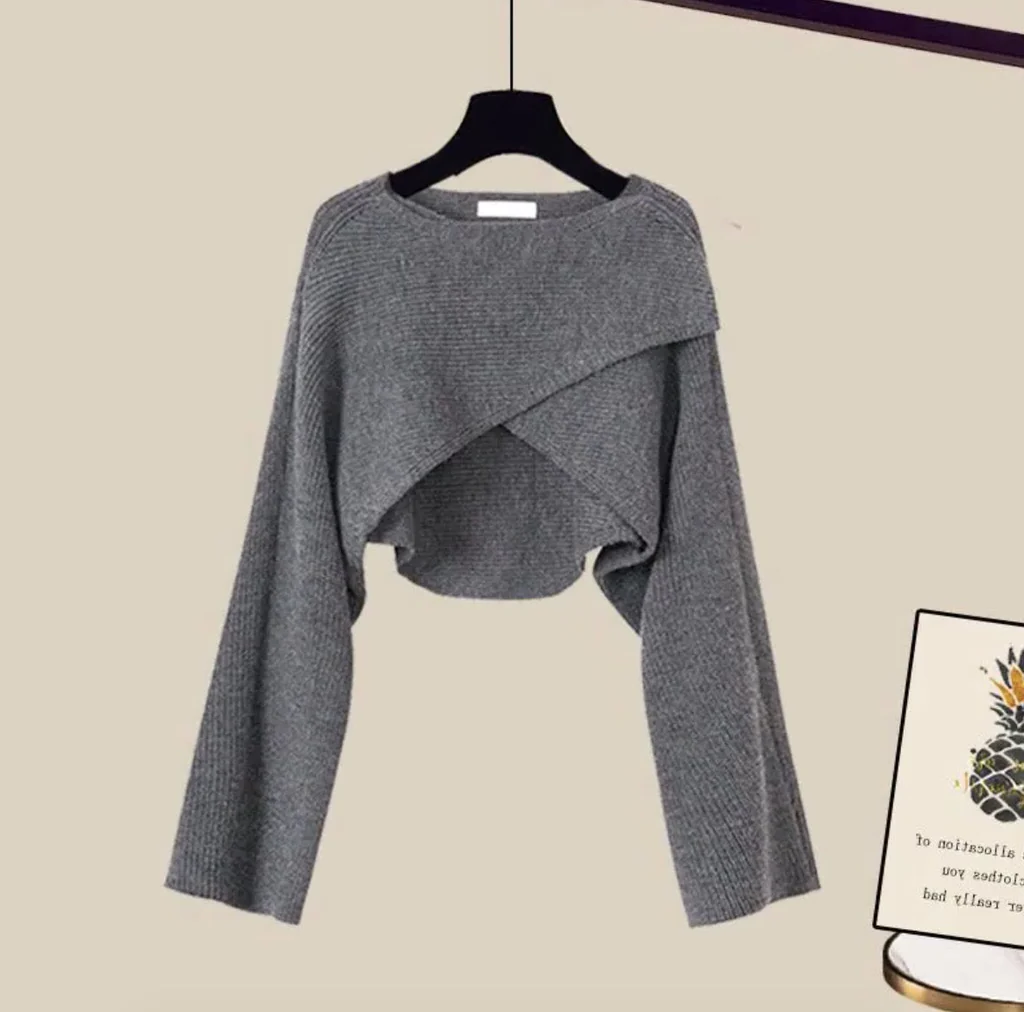Knit Dress Set, 3-Piece Knitted Sweater Top and Wide-Leg Lounge Set for Women, Casual Cotton Blend, Brown or Gray