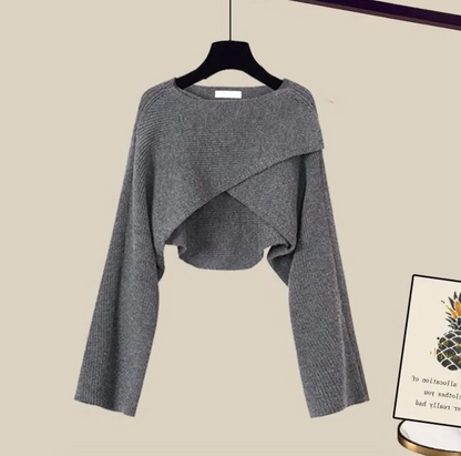 Knit Dress Set, 3-Piece Knitted Sweater Top and Wide-Leg Lounge Set for Women, Casual Cotton Blend, Brown or Gray
