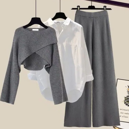 Knit Dress Set, 3-Piece Knitted Sweater Top and Wide-Leg Lounge Set for Women, Casual Cotton Blend, Brown or Gray