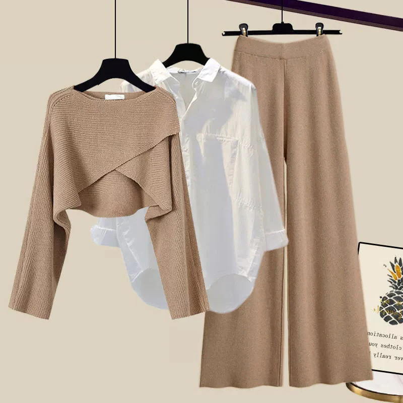 Knit Dress Set, 3-Piece Knitted Sweater Top and Wide-Leg Lounge Set for Women, Casual Cotton Blend, Brown or Gray