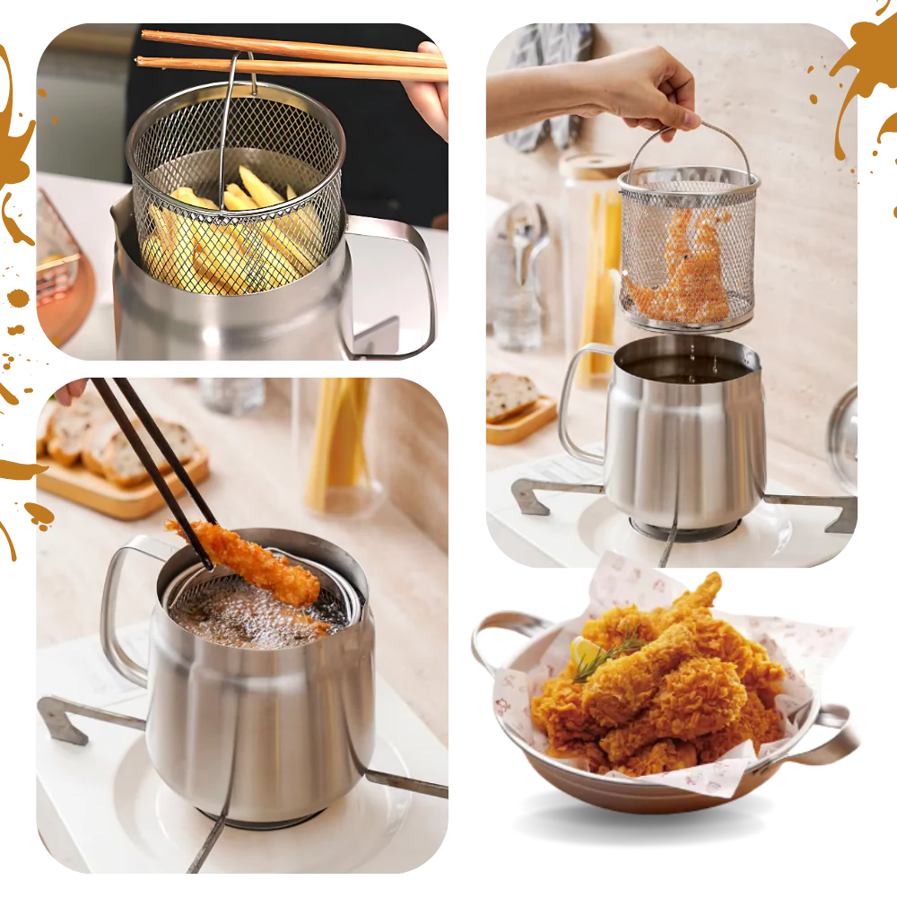 2-in-1 Stainless Steel Frying Pot with Strainer, Deep Fryer Pot with Built-In Oil Filter Net and Heat-Resistant Handle