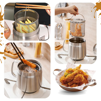 2-in-1 Stainless Steel Frying Pot with Strainer, Deep Fryer Pot with Built-In Oil Filter Net and Heat-Resistant Handle