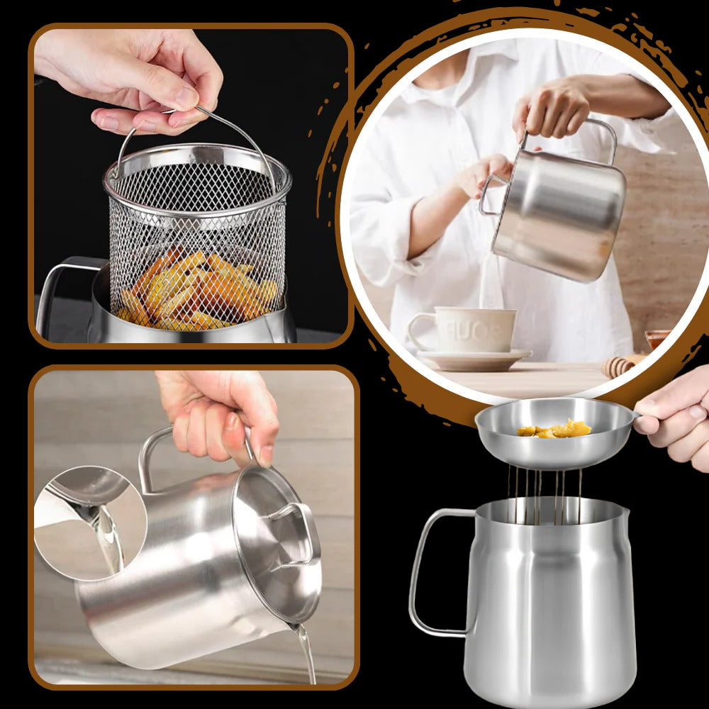 2-in-1 Deep Frying Pot with Oil Strainer, Stainless Steel Fryer Pot with Built-In Filter for Home Deep Frying