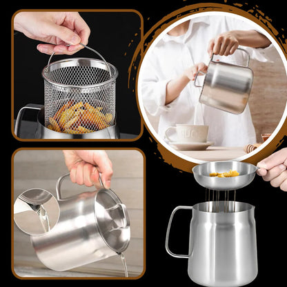 2-in-1 Deep Frying Pot with Oil Strainer, Stainless Steel Fryer Pot with Built-In Filter for Home Deep Frying