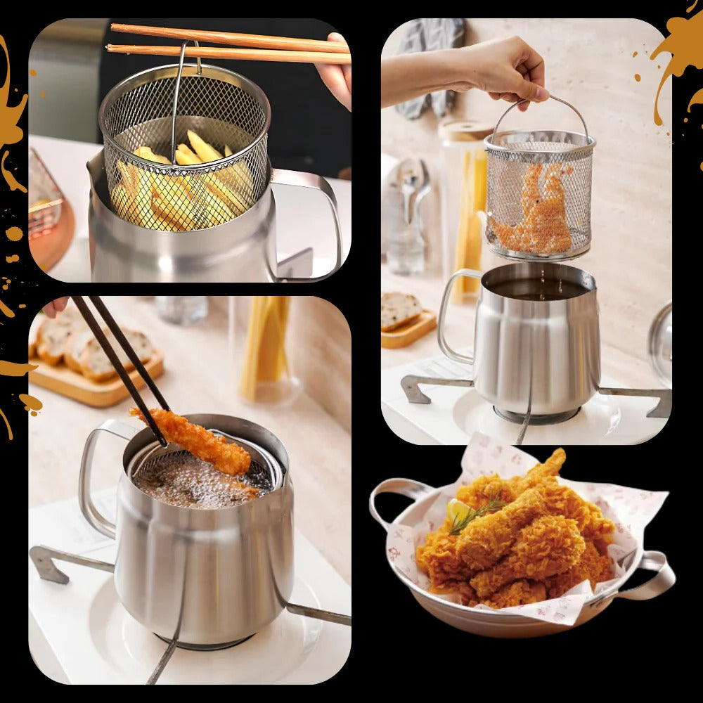 2-in-1 Deep Frying Pot with Oil Strainer, Stainless Steel Fryer Pot with Built-In Filter for Home Deep Frying