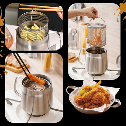 2-in-1 Deep Frying Pot with Oil Strainer, Stainless Steel Fryer Pot with Built-In Filter for Home Deep Frying