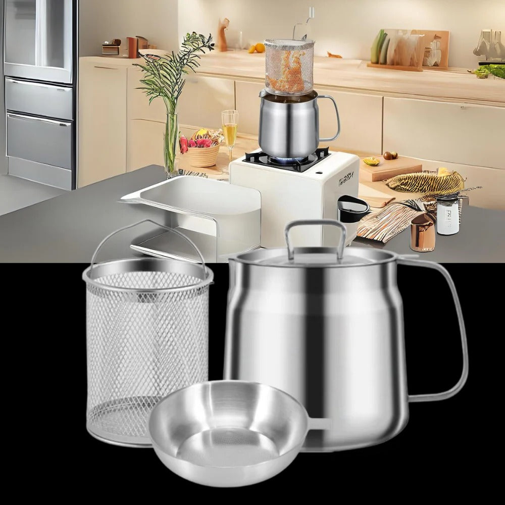 2-in-1 Deep Frying Pot with Oil Strainer, Stainless Steel Fryer Pot with Built-In Filter for Home Deep Frying