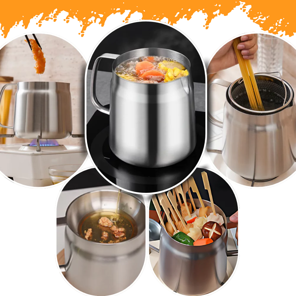 2-in-1 Stainless Steel Frying Pot with Strainer, Deep Fryer Pot with Built-In Oil Filter Net and Heat-Resistant Handle