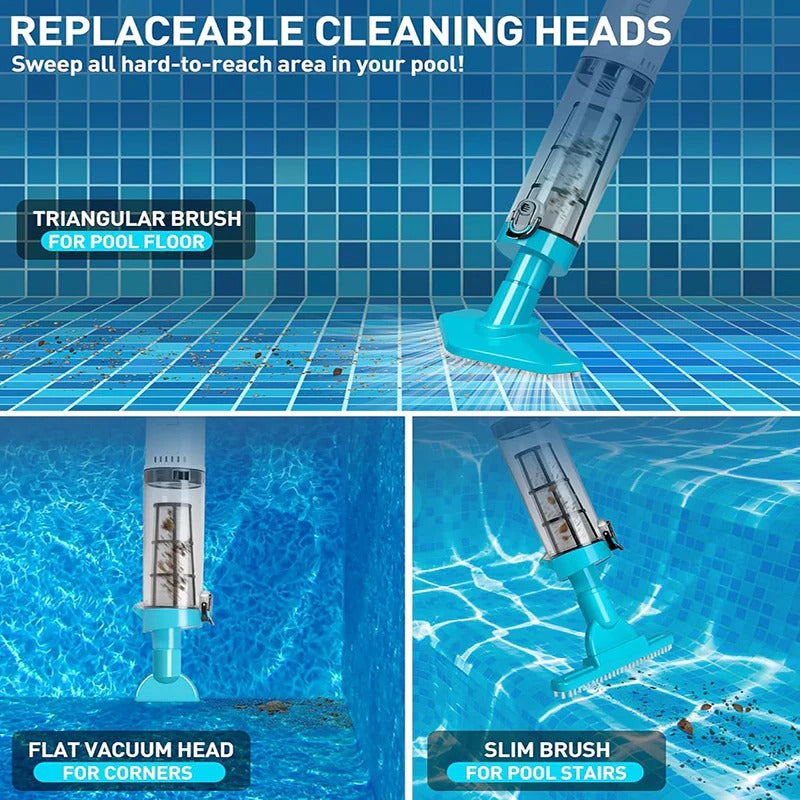 Cordless Pool Vacuum Cleaner, Rechargeable Handheld Pool Cleaner with 3 Heads and Adjustable Pole for Pools & Spas