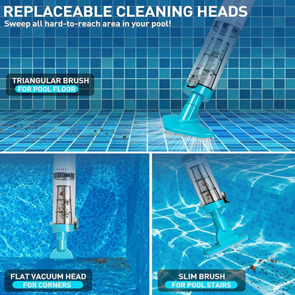 Cordless Pool Vacuum Cleaner, Rechargeable Handheld Pool Cleaner with 3 Heads and Adjustable Pole for Pools & Spas