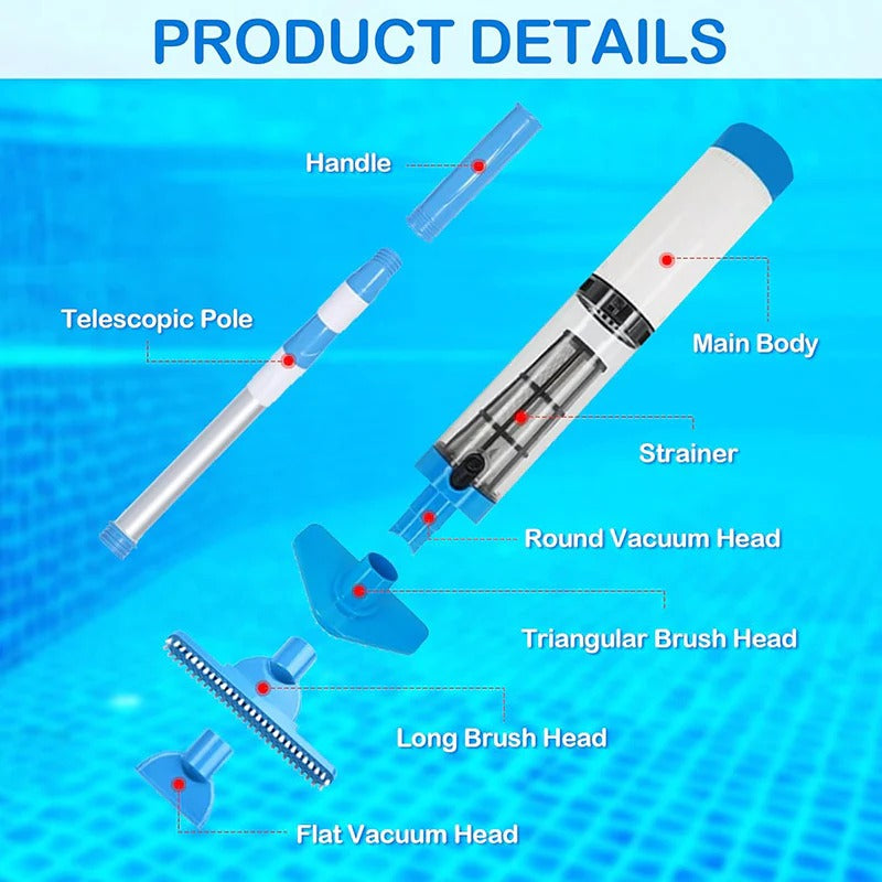 Cordless Pool Vacuum Cleaner, Rechargeable Handheld Pool Cleaner with 3 Heads and Adjustable Pole for Pools & Spas