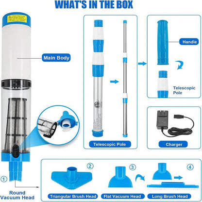 Cordless Pool Vacuum Cleaner, Rechargeable Handheld Pool Cleaner with 3 Heads and Adjustable Pole for Pools & Spas