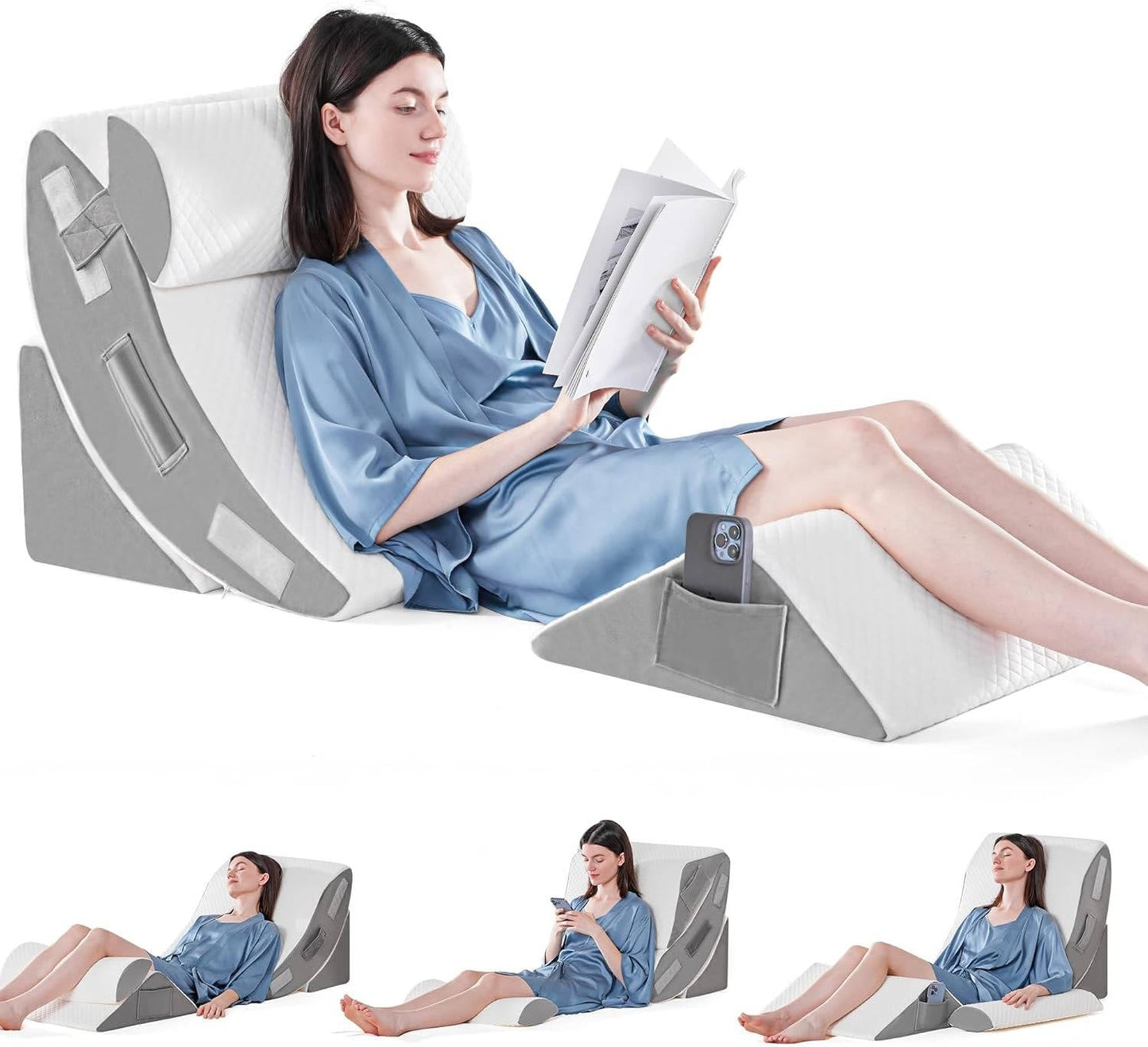 Orthopedic Bed Wedge Pillow Set, 4-Piece Adjustable Foam Support Pillow for Sleeping, Reading and Sitting Up, 3 Colors