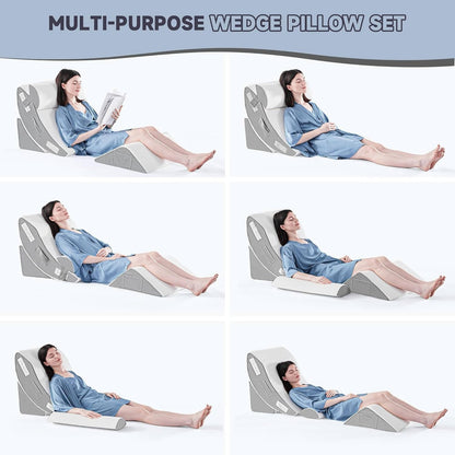 Orthopedic Bed Wedge Pillow Set, 4-Piece Adjustable Foam Support Pillow for Sleeping, Reading and Sitting Up, 3 Colors