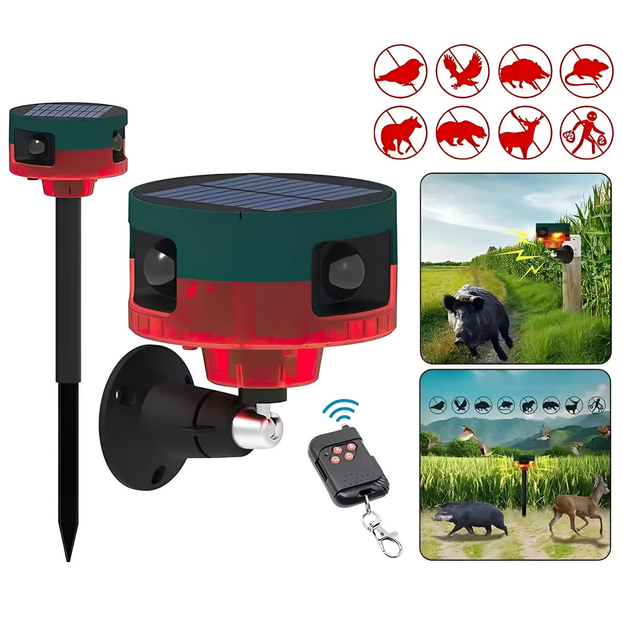 Solar Animal Repeller, 360-Degree Motion Sensor Deterrent with 13 Sounds and Flashing Light for Garden and Yard, 2 Colors