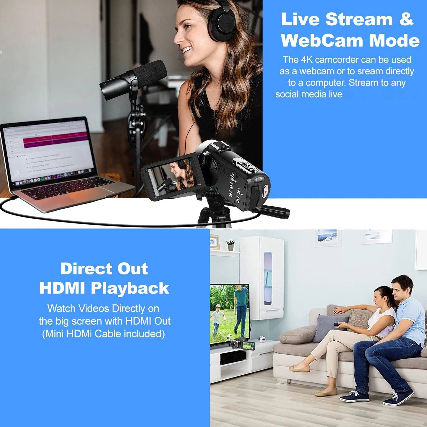 4K Vlogging Camcorder, 48MP Video Camera with Flip Screen, Stabilizer and WiFi for YouTube, Travel and Vlogging