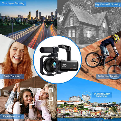 4K Vlogging Camcorder, 48MP Video Camera with Flip Screen, Stabilizer and WiFi for YouTube, Travel and Vlogging