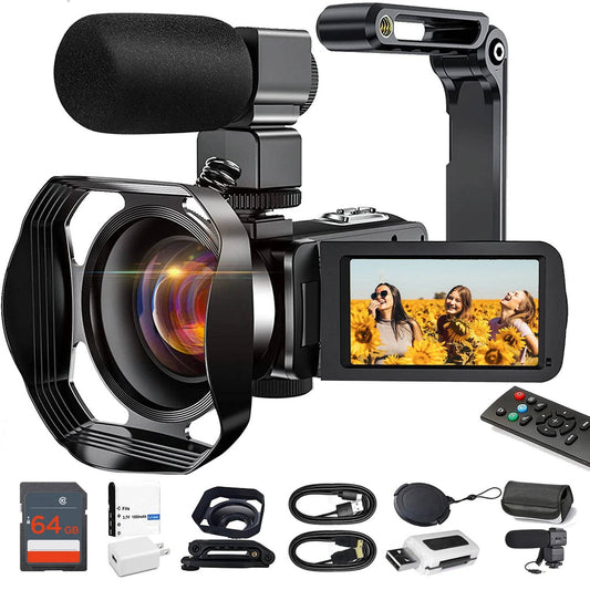 4K vlogging camcorder with microphone and included accessories