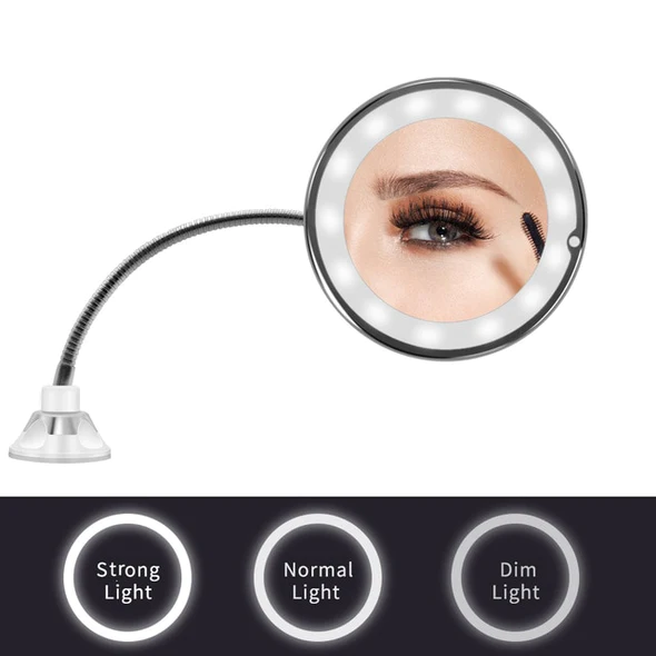 Flexible Magnifying Makeup Mirror, 10X Lighted Gooseneck Vanity Mirror with LED Ring and Suction Cup Base, Adjustable Height