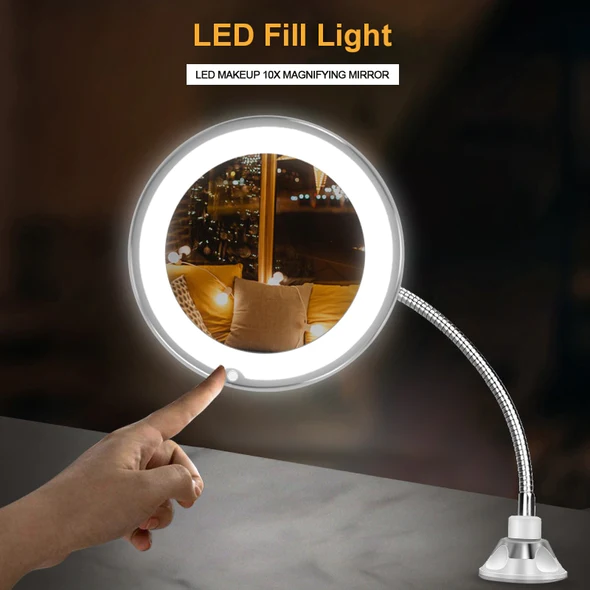 Flexible Magnifying Makeup Mirror, 10X Lighted Gooseneck Vanity Mirror with LED Ring and Suction Cup Base, Adjustable Height