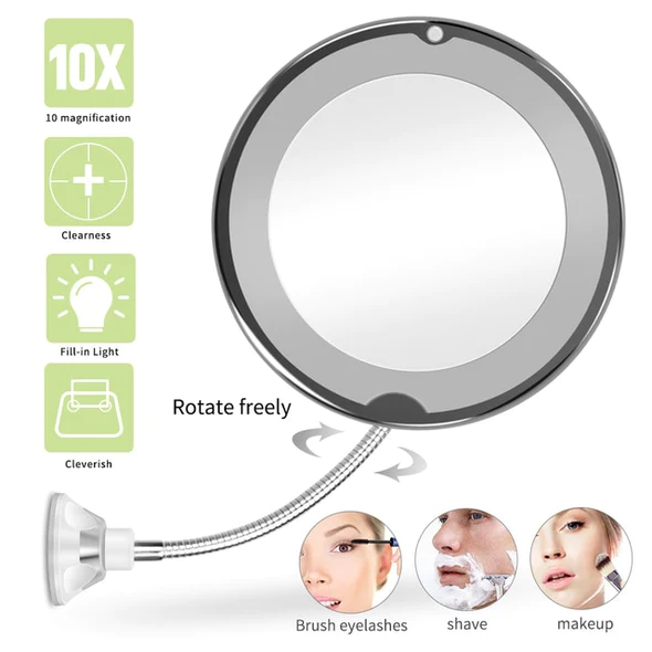 Flexible Magnifying Makeup Mirror, 10X Lighted Gooseneck Vanity Mirror with LED Ring and Suction Cup Base, Adjustable Height