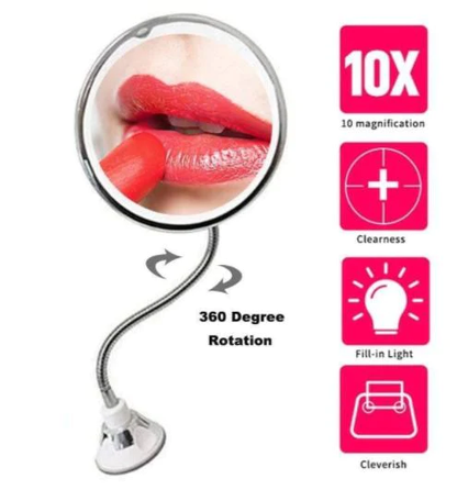 Flexible Magnifying Makeup Mirror, 10X Lighted Gooseneck Vanity Mirror with LED Ring and Suction Cup Base, Adjustable Height