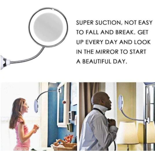Flexible Magnifying Makeup Mirror, 10X Lighted Gooseneck Vanity Mirror with LED Ring and Suction Cup Base, Adjustable Height