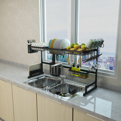 Stainless Steel Dish Drying Rack, Over-the-Sink Dish Rack with Utensil Holder and Cup Hooks for Small Kitchens