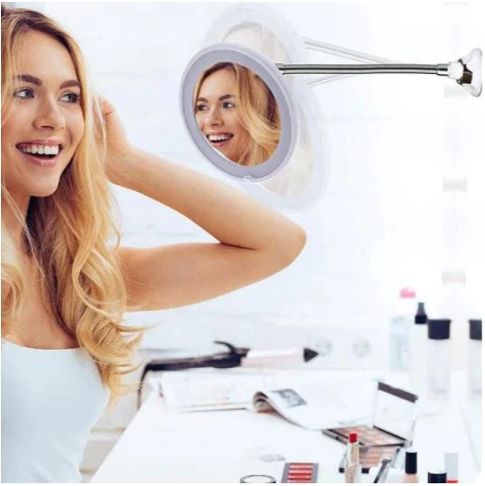 Flexible Magnifying Makeup Mirror, 10X Lighted Gooseneck Vanity Mirror with LED Ring and Suction Cup Base, Adjustable Height