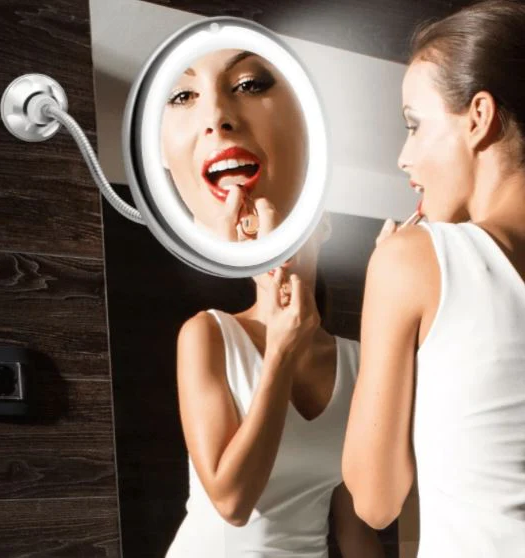 Flexible Magnifying Makeup Mirror, 10X Lighted Gooseneck Vanity Mirror with LED Ring and Suction Cup Base, Adjustable Height