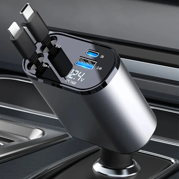 4-in-1 Retractable Car Charger with USB-C & Lightning Cords - Fast Multi-Device Charging for Commutes & Road Trips