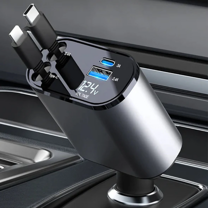 4-in-1 Retractable Car Charger with USB-C & Lightning Cords - Fast Multi-Device Charging for Commutes & Road Trips
