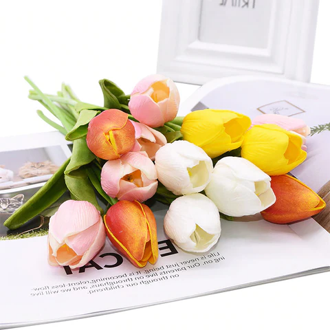Artificial Tulip Flowers, Set of 10 Realistic Faux Silk Tulips with Stems for Vase, Bouquet & Centerpiece, 20+ Colors