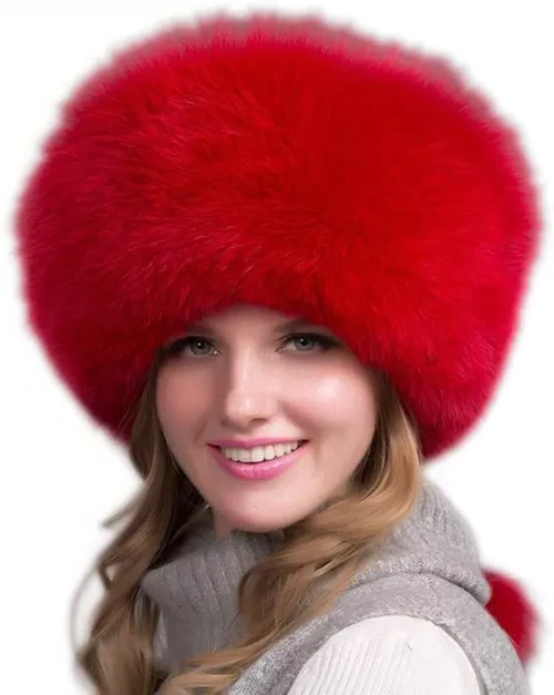 Real Fox Fur Winter Hat for Women, Warm Russian Ushanka Trapper Hat with Earmuffs, Windproof Cold-Weather Fur Cap