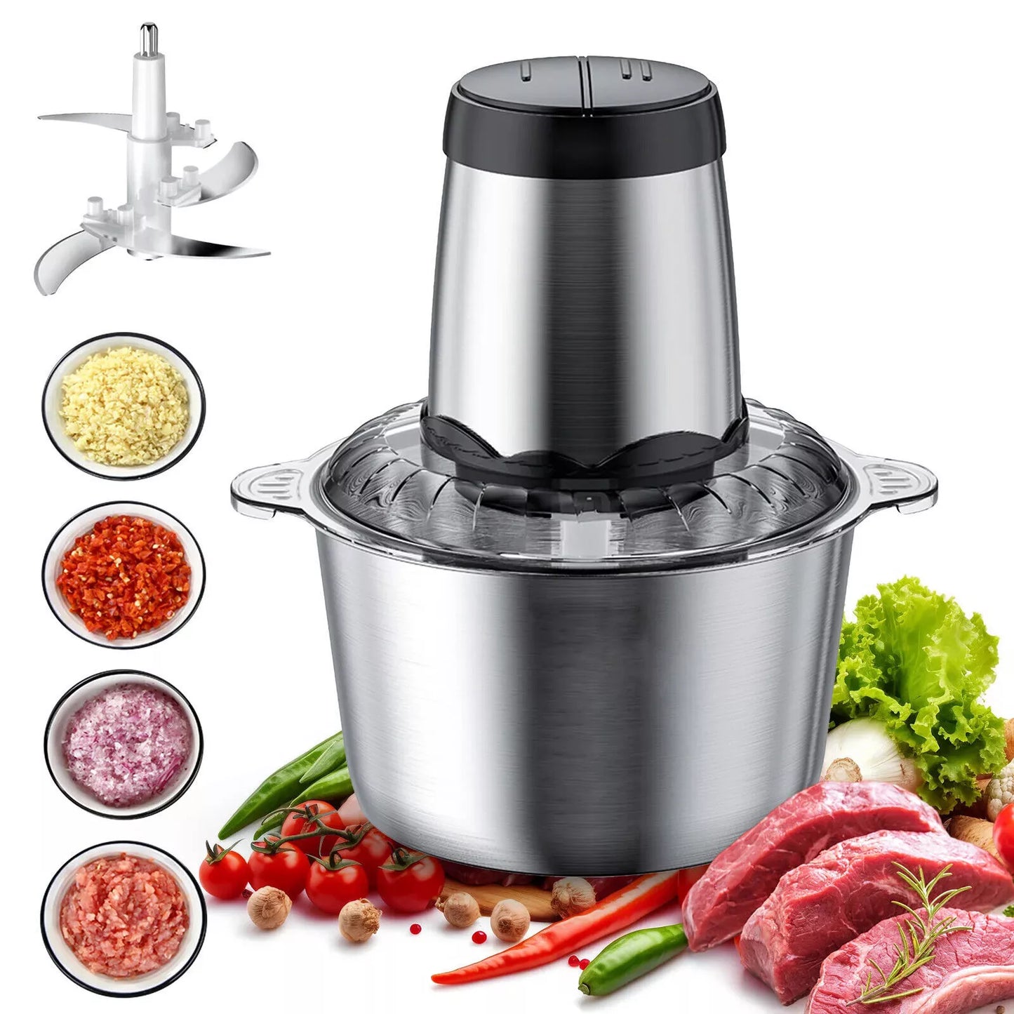 Electric Food Chopper, 300W Mini Food Processor with 2L Bowl and 4 Blades for Onion, Garlic, Meat and Vegetables