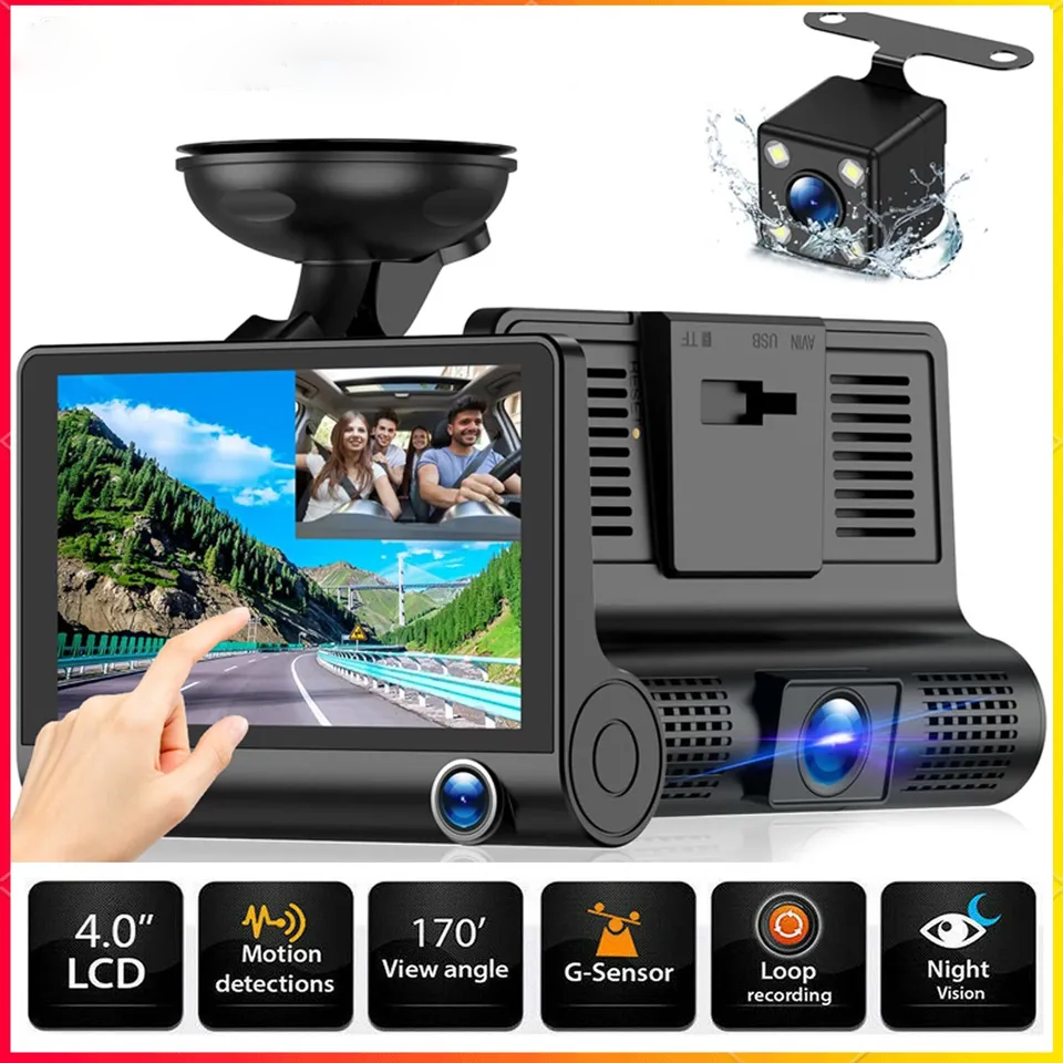 Front and Rear Dash Cam, 3-Channel 1080P Car Camera with Cabin View, Night Vision and IPS Touch Screen