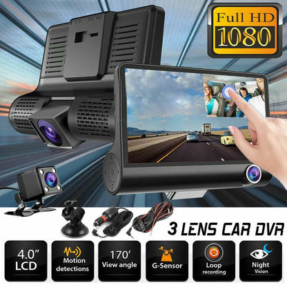 Front and Rear Dash Cam, 3-Channel 1080P Car Camera with Cabin View, Night Vision and IPS Touch Screen