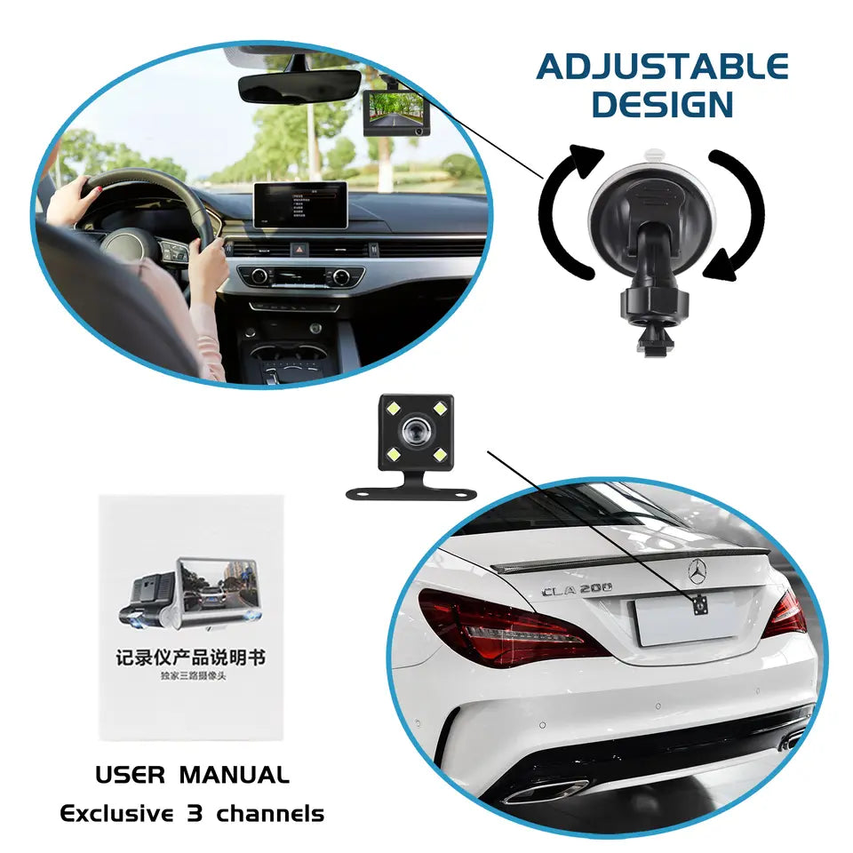 Front and Rear Dash Cam, 3-Channel 1080P Car Camera with Cabin View, Night Vision and IPS Touch Screen