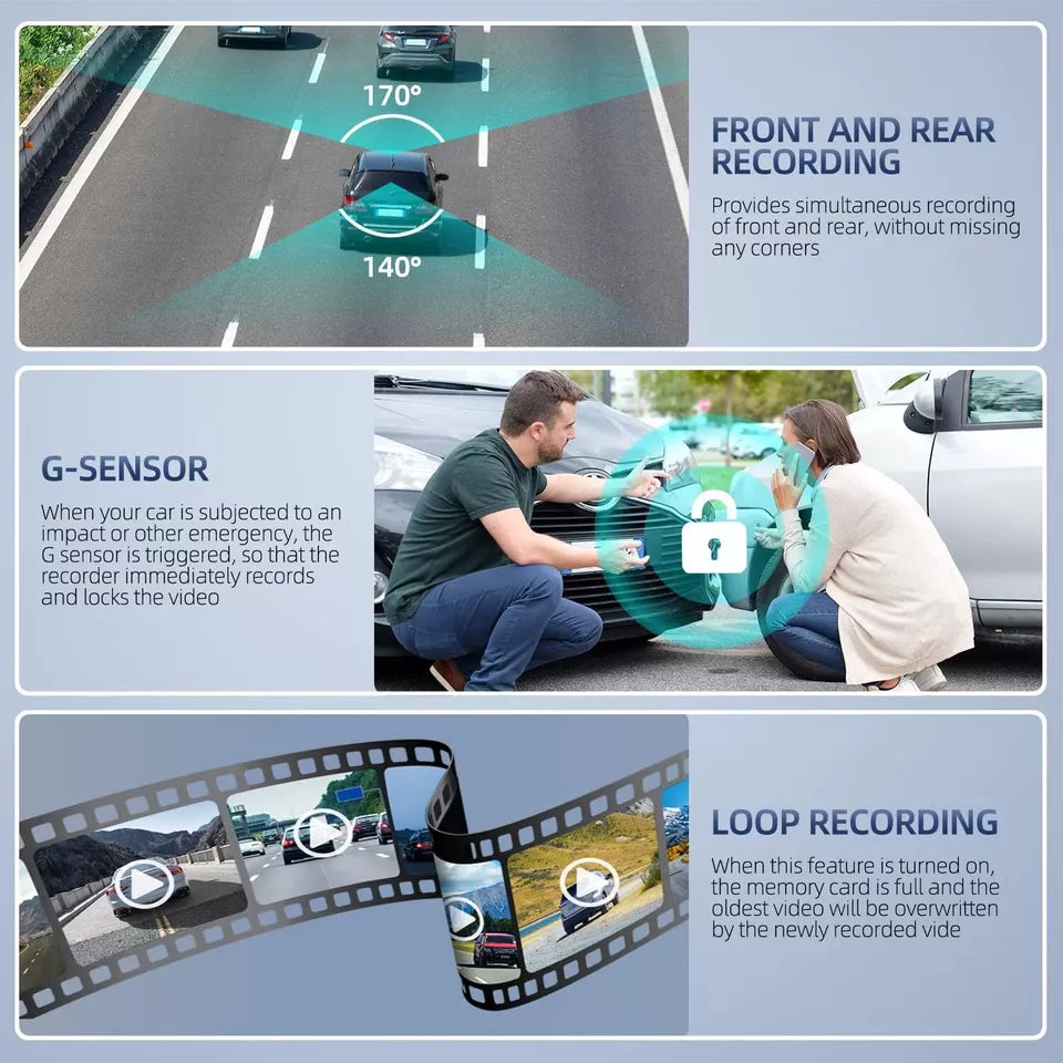Front and Rear Dash Cam, 3-Channel 1080P Car Camera with Cabin View, Night Vision and IPS Touch Screen