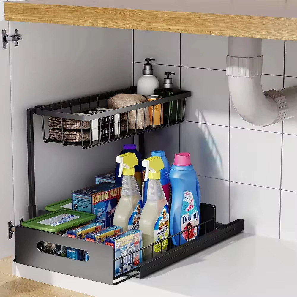 2-Tier Slide-Out Under Sink Organizer, L-Shaped Pull-Out Cabinet Storage Rack for Kitchen and Bathroom, Tool-Free