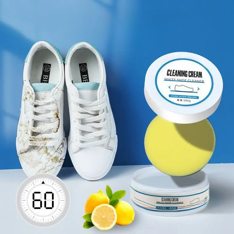 White Shoe Cleaner Cream, 100g Waterless Sneaker Cleaning Kit with Sponge, All-Purpose Stain Remover for White Shoes & Sneakers